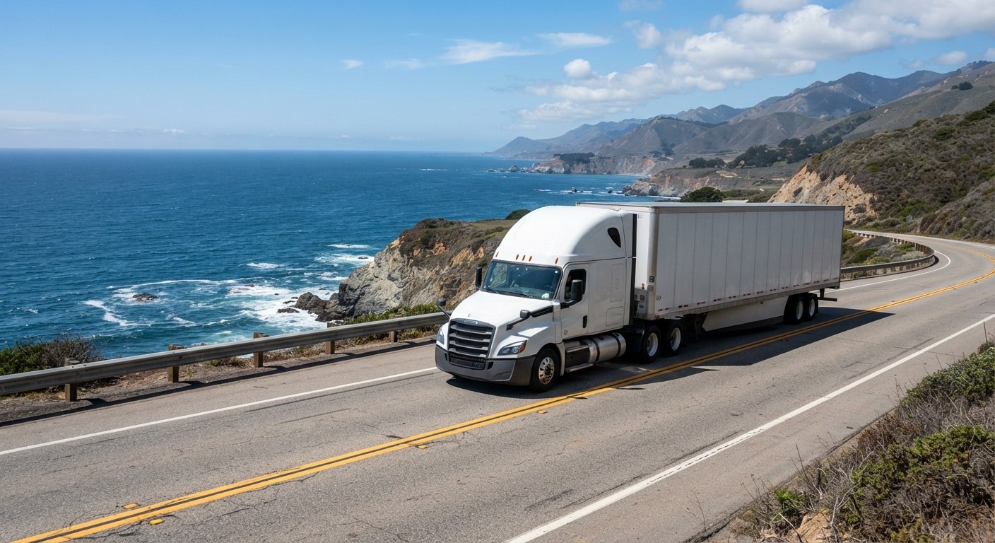 White tractor trailer traveling beside the coast